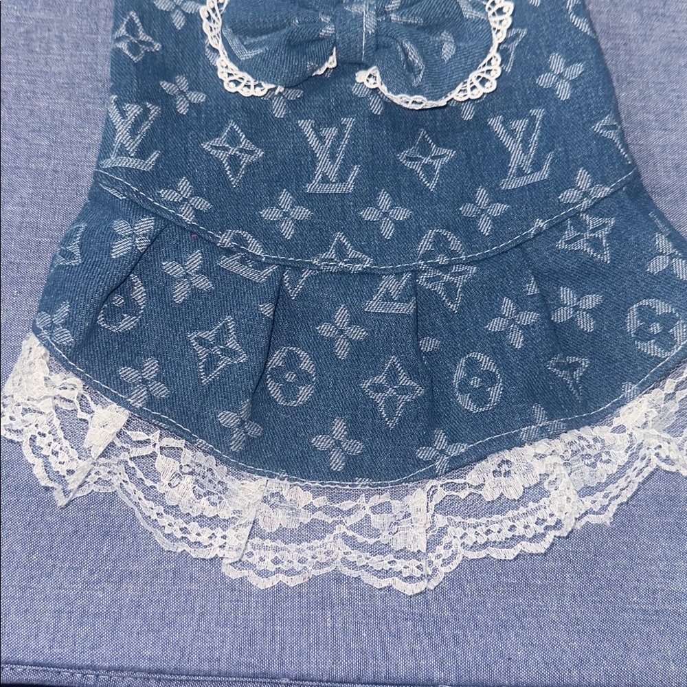 Blue Denim Doggy Dress with Lace Trim - Picture 3 of 6